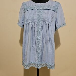 Woman Within Light Blue Blouse with Lace Trim